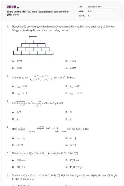 20 Đề thi thử THPTQG môn Toán mới nhất cực hay có lời giải ( đề 4)