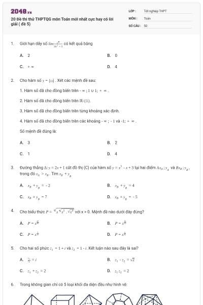 20 Đề thi thử THPTQG môn Toán mới nhất cực hay có lời giải ( đề 5)