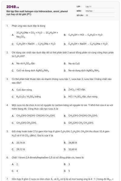 Bài tập Dẫn xuất halogen của hidrocacbon, ancol, phenol cực hay có lời giải (P1)