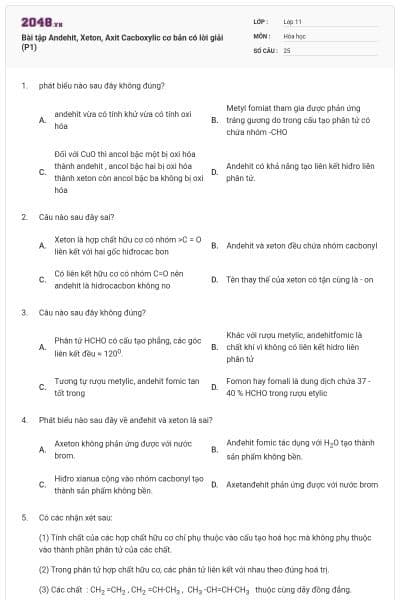 Bài tập Andehit, Xeton, Axit Cacboxylic cơ bản có lời giải (P1)