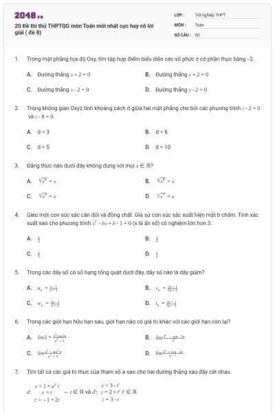20 Đề thi thử THPTQG môn Toán mới nhất cực hay có lời giải ( đề 8)