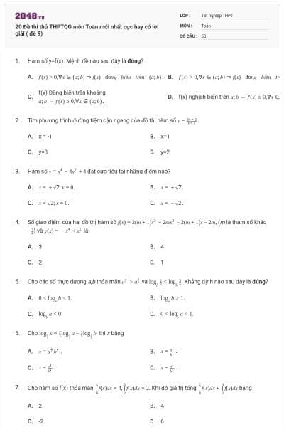 20 Đề thi thử THPTQG môn Toán mới nhất cực hay có lời giải ( đề 9)