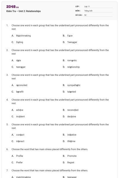 Kiểm Tra – Unit 2: Relationships
