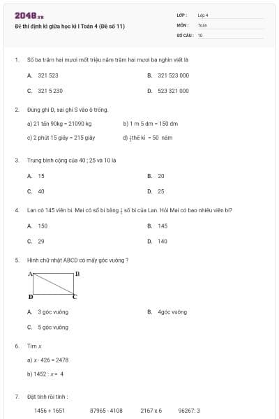 Đề thi định kì giữa học kì I Toán 4 (Đề số 11)