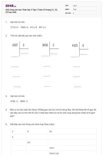 Giải Cùng em học Toán lớp 3 Tập 2 Tuần 24 trang 21, 22, 23 hay nhất