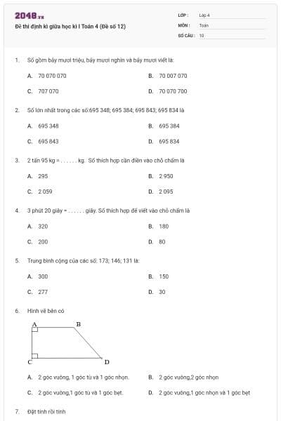 Đề thi định kì giữa học kì I Toán 4 (Đề số 12)