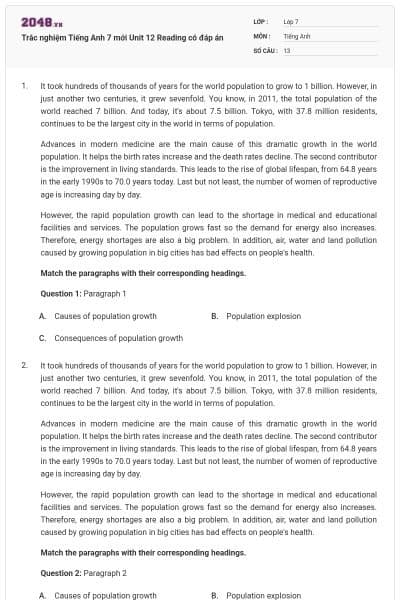 Trắc nghiệm Tiếng Anh 7 mới Unit 12 Reading có đáp án