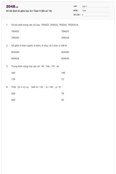 Đề thi định kì giữa học kì I Toán 4 (Đề số 14)