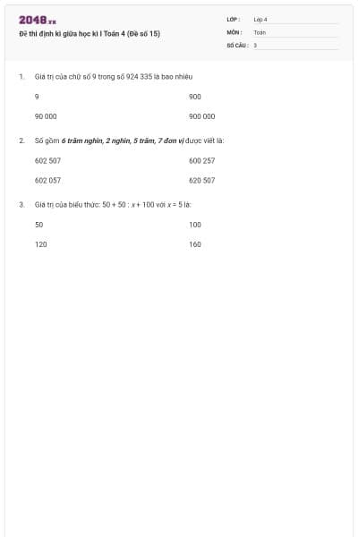 Đề thi định kì giữa học kì I Toán 4 (Đề số 15)