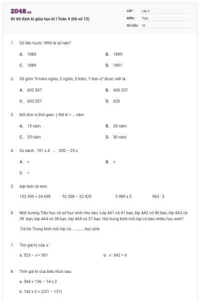 Đề thi định kì giữa học kì I Toán 4 (Đề số 13)