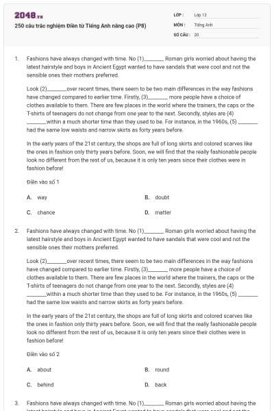 250 câu trắc nghiệm Điền từ Tiếng Anh nâng cao (P8)