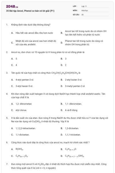 35 Bài tập Ancol, Phenol cơ bản có lời giải (P1)
