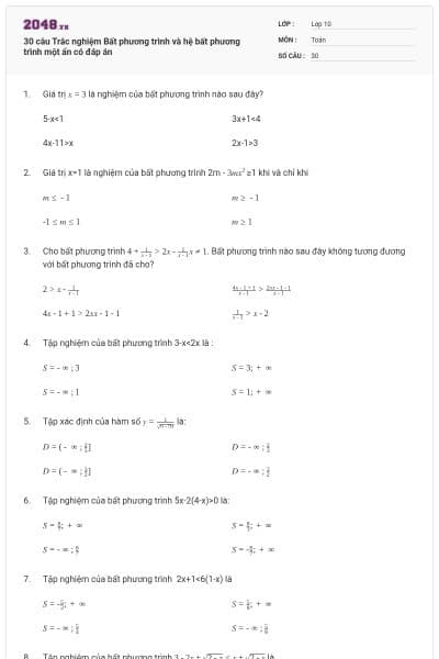 30 câu Trắc nghiệm Bất phương trình và hệ bất phương trình một ẩn có đáp án
