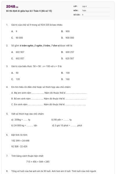Đề thi định kì giữa học kì I Toán 4 (Đề số 15)