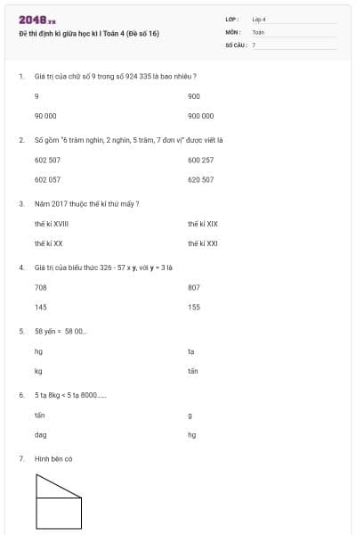 Đề thi định kì giữa học kì I Toán 4 (Đề số 16)