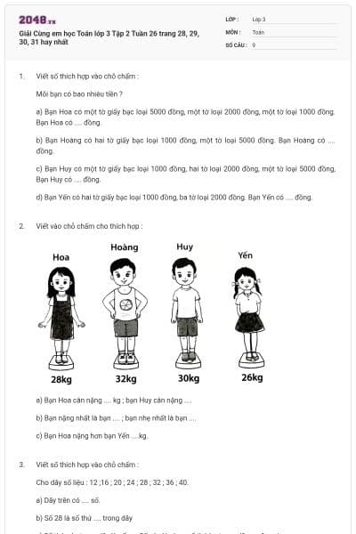 Giải Cùng em học Toán lớp 3 Tập 2 Tuần 26 trang 28, 29, 30, 31 hay nhất