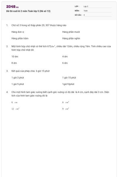 Đề thi cuối kì 2 môn Toán lớp 5 (Đề số 13)