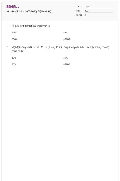 Đề thi cuối kì 2 môn Toán lớp 5 (Đề số 14)