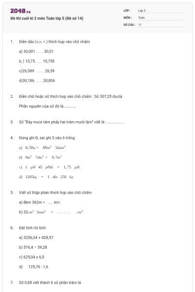 Đề thi cuối kì 2 môn Toán lớp 5 (Đề số 14)