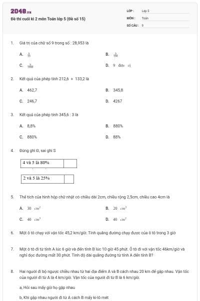 Đề thi cuối kì 2 môn Toán lớp 5 (Đề số 15)