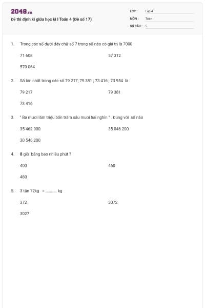 Đề thi định kì giữa học kì I Toán 4 (Đề số 17)