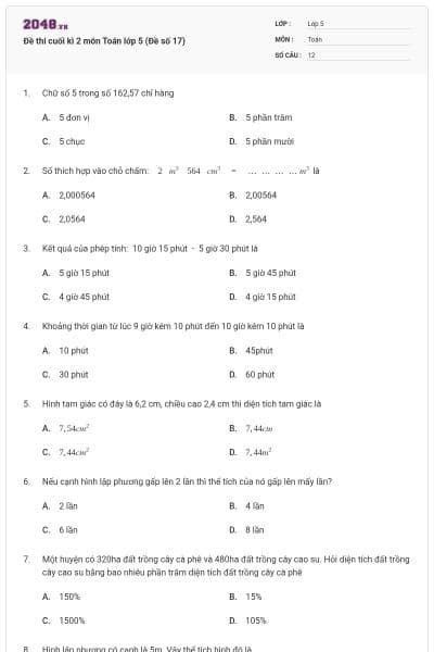 Đề thi cuối kì 2 môn Toán lớp 5 (Đề số 17)