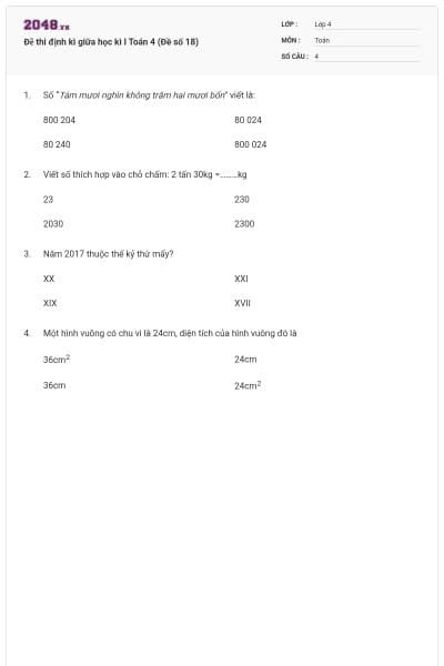 Đề thi định kì giữa học kì I Toán 4 (Đề số 18)
