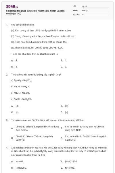 50 Bài tập tổng hợp Sự điện li, Nhóm Nito, Nhóm Cacbon có lời giải (P2)