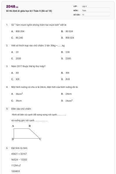 Đề thi định kì giữa học kì I Toán 4 (Đề số 18)