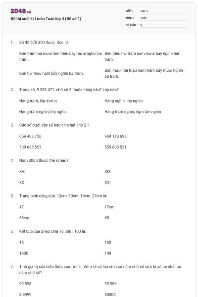 Đề thi cuối kì I môn Toán lớp 4 (Đề số 1)