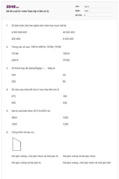 Đề thi cuối kì I môn Toán lớp 4 (Đề số 2)