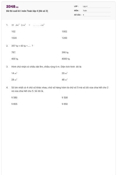Đề thi cuối kì I môn Toán lớp 4 (Đề số 3)