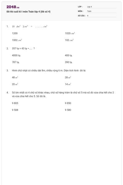 Đề thi cuối kì I môn Toán lớp 4 (Đề số 4)