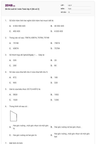 Đề thi cuối kì I môn Toán lớp 4 (Đề số 2)