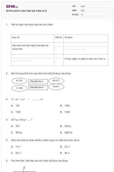 Đề thi cuối kì I môn Toán lớp 4 (Đề số 3)