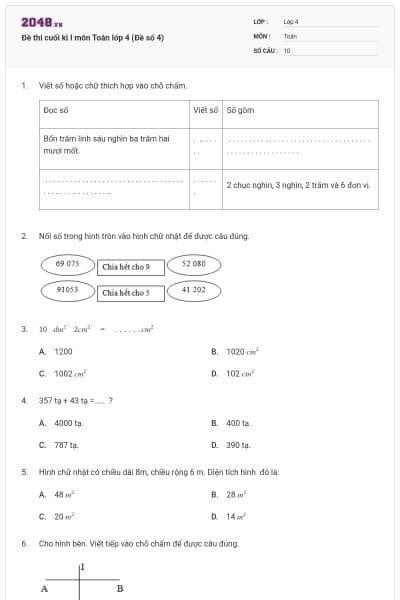Đề thi cuối kì I môn Toán lớp 4 (Đề số 4)