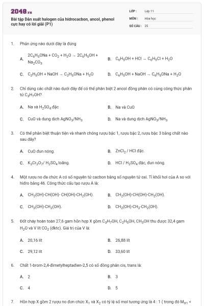 Bài tập Dẫn xuất halogen của hidrocacbon, ancol, phenol cực hay có lời giải (P1)