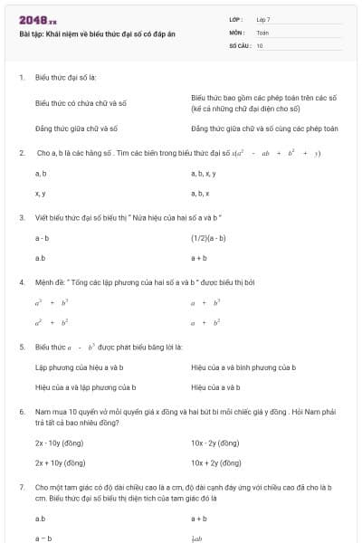 Bài tập: Khái niệm về biểu thức đại số có đáp án