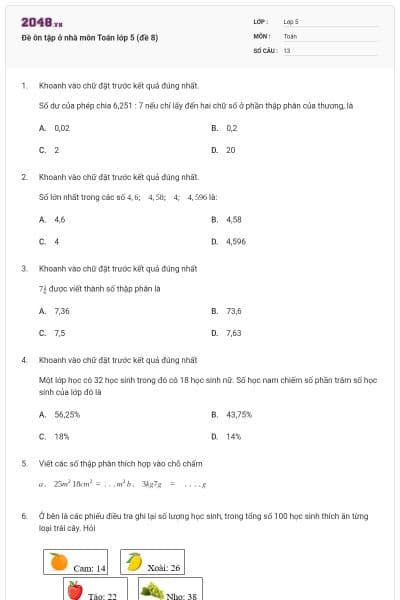 Đề ôn tập ở nhà môn Toán lớp 5 (đề 8)