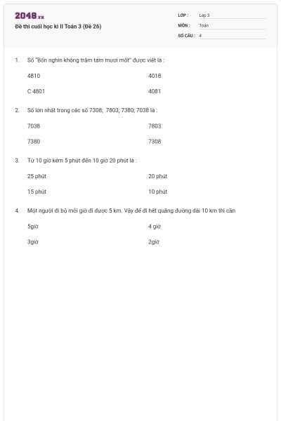 Đề thi cuối học kì II Toán 3 (Đề 26)