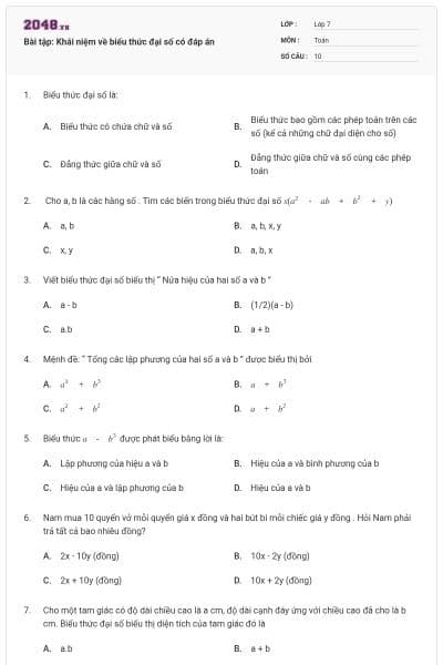 Bài tập: Khái niệm về biểu thức đại số có đáp án