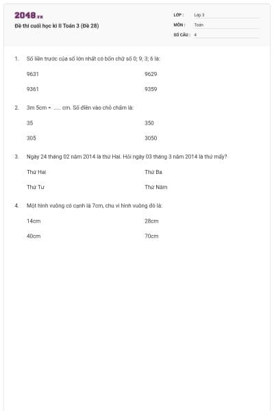 Đề thi cuối học kì II Toán 3 (Đề 28)