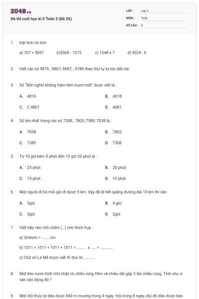 Đề thi cuối học kì II Toán 3 (Đề 26)