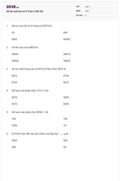 Đề thi cuối học kì II Toán 3 (Đề 29)