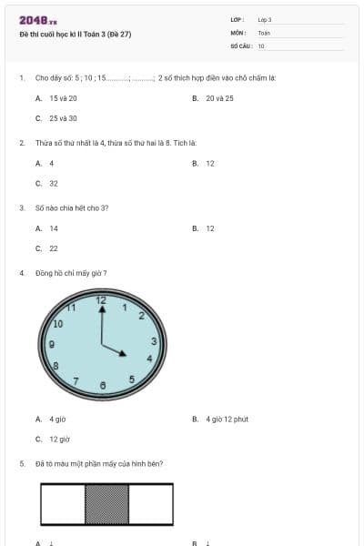 Đề thi cuối học kì II Toán 3 (Đề 27)