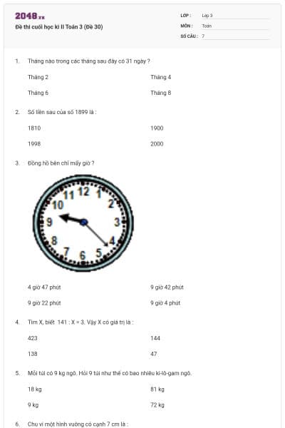Đề thi cuối học kì II Toán 3 (Đề 30)