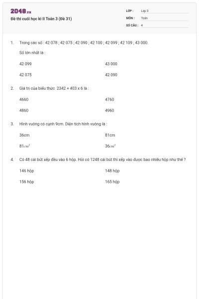 Đề thi cuối học kì II Toán 3 (Đề 31)
