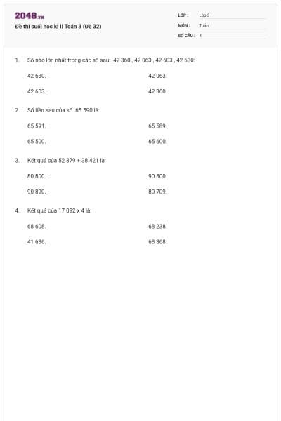 Đề thi cuối học kì II Toán 3 (Đề 32)
