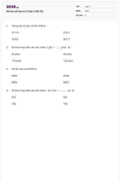 Đề thi cuối học kì II Toán 3 (Đề 33)