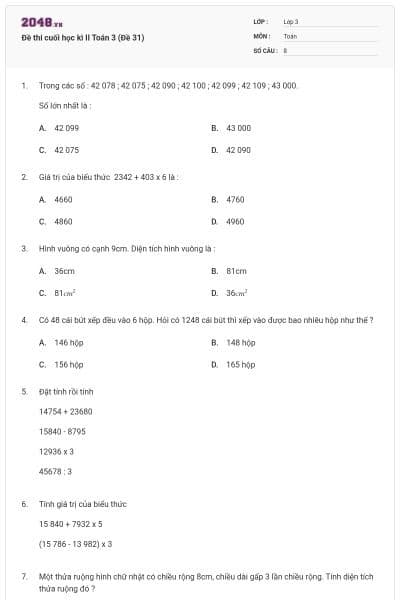 Đề thi cuối học kì II Toán 3 (Đề 31)